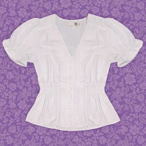Everleigh White Coquette Cottagecore Puff Sleeve Button Front Blouse | Size XS